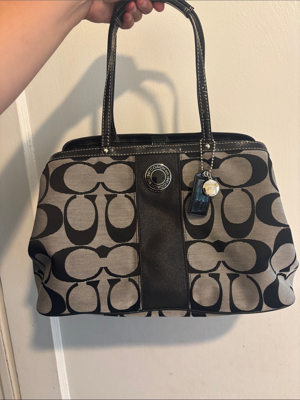 Coach Monogram Shoulder Tote in Black and Gray